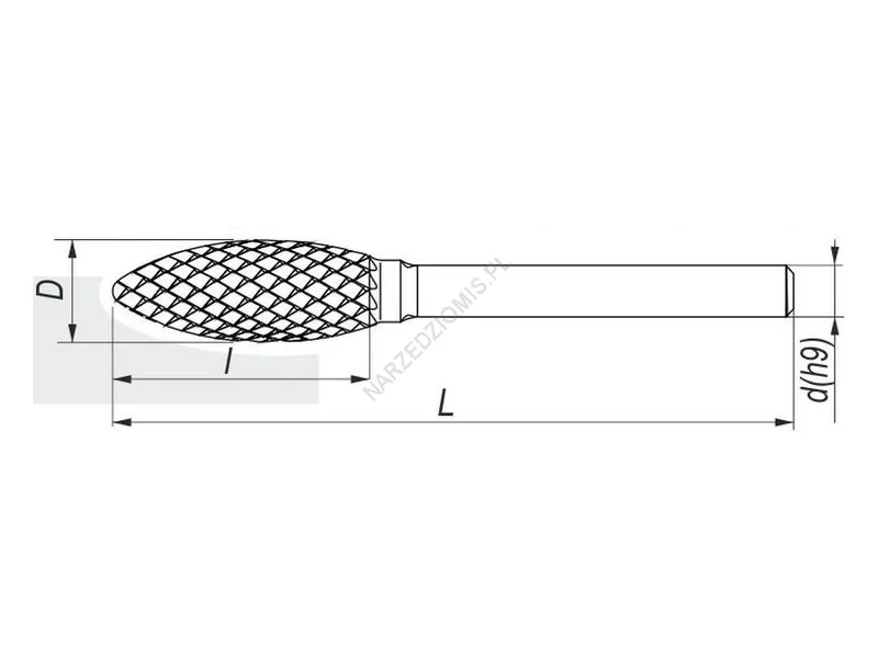 Rysunek techniczny: Pilnik obrotowy płomykowy 6x18x6 ISO H VHM